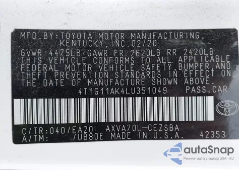 2020 Toyota Camry Se z USA, uszkodzony, nr VIN 4T1G11AK4LU351049